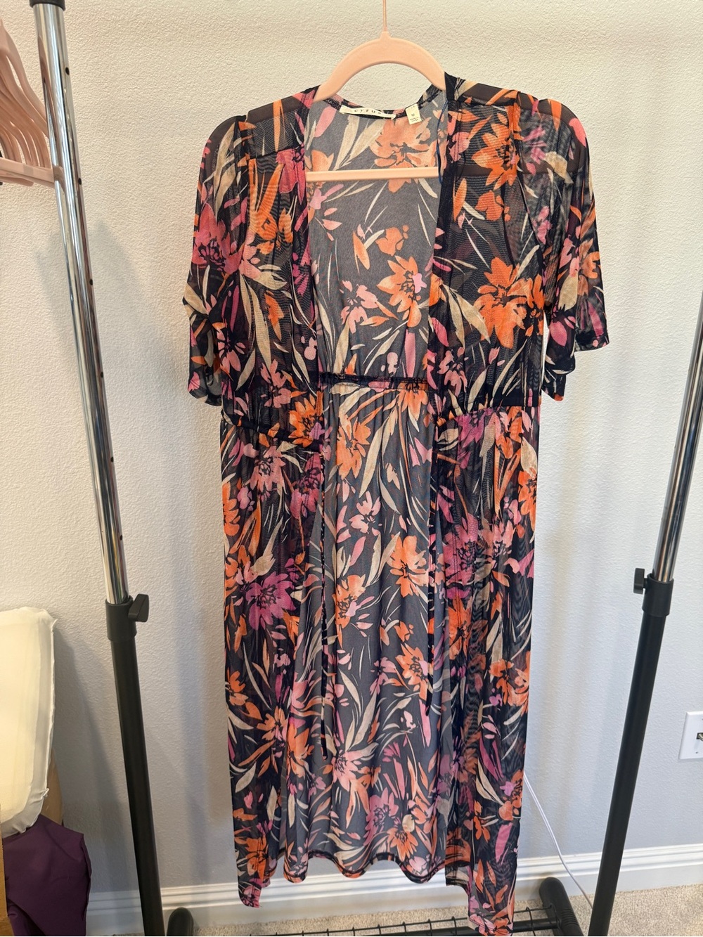 Cyrus Sheer Floral Kimono w Tie Swim Beach Cover up BNWT Med Navy pink orange